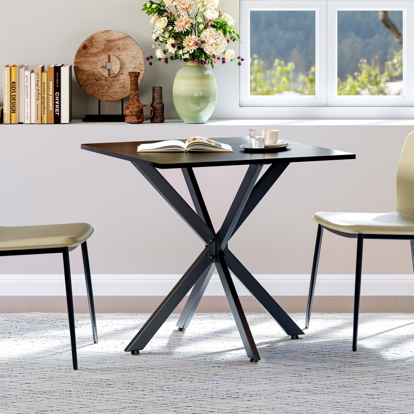 Rustic Square Side Table, X-Frame Metal Legs With Wood Grain Tabletop, Industrial Accent End Table For Living Room, Bedroom & Home Office, Balck, 31.5 X 31.5 X 29.5 Inches