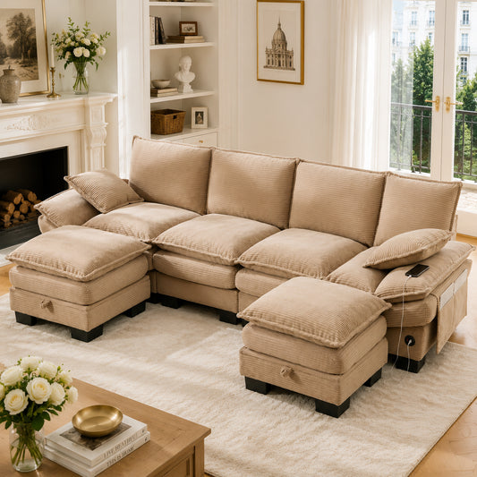 Modular 4-seater Corduroy Sofa  With 2 Stools Wide Seat, Ergonomic Design, High-density Foam Padding, USB-C Port And Side Pockets. Ideal For Living Room, Office Or Lounge.khaki