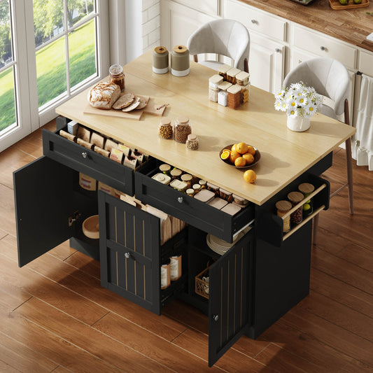 Mobile Kitchen Island With Folding Worktop, Serving Trolley And Storage Cabinet, With 2-tier Vertical Drawers, 2 Large Drawers And Lockable Casters, 120 X45  X92 Cm.