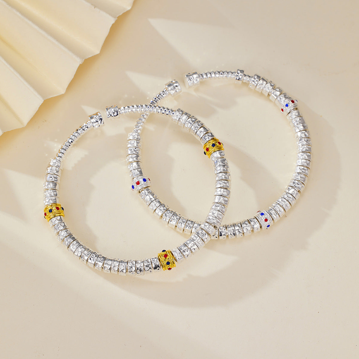 1pc S925 Silver Hammered Coiled Beaded Bangle, Retro Chinese Style, Perfect For Daily Wear & Holiday Gifts