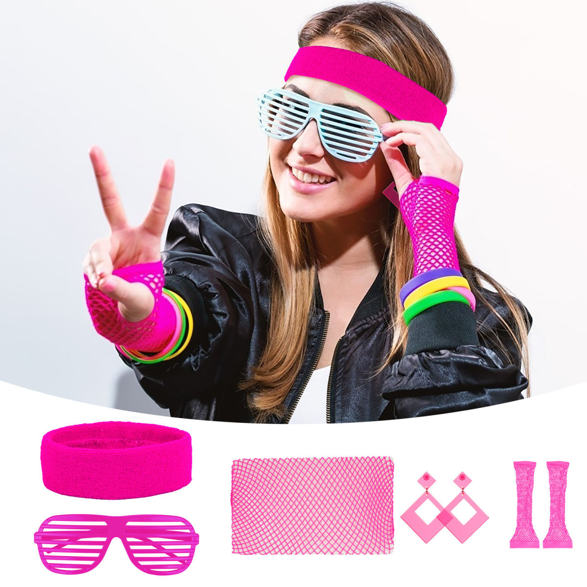 80er Jahre Accessoires Set - 4-teiliges Styling-Set Für Themenpartys & Kostüm-Events-Partyfotoaccessoires