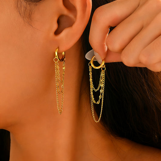 Cross-border European American Women Huggie Earrings, Geometric Tassel Chain Design, Premium Versatile Fashion Ear Jewelry