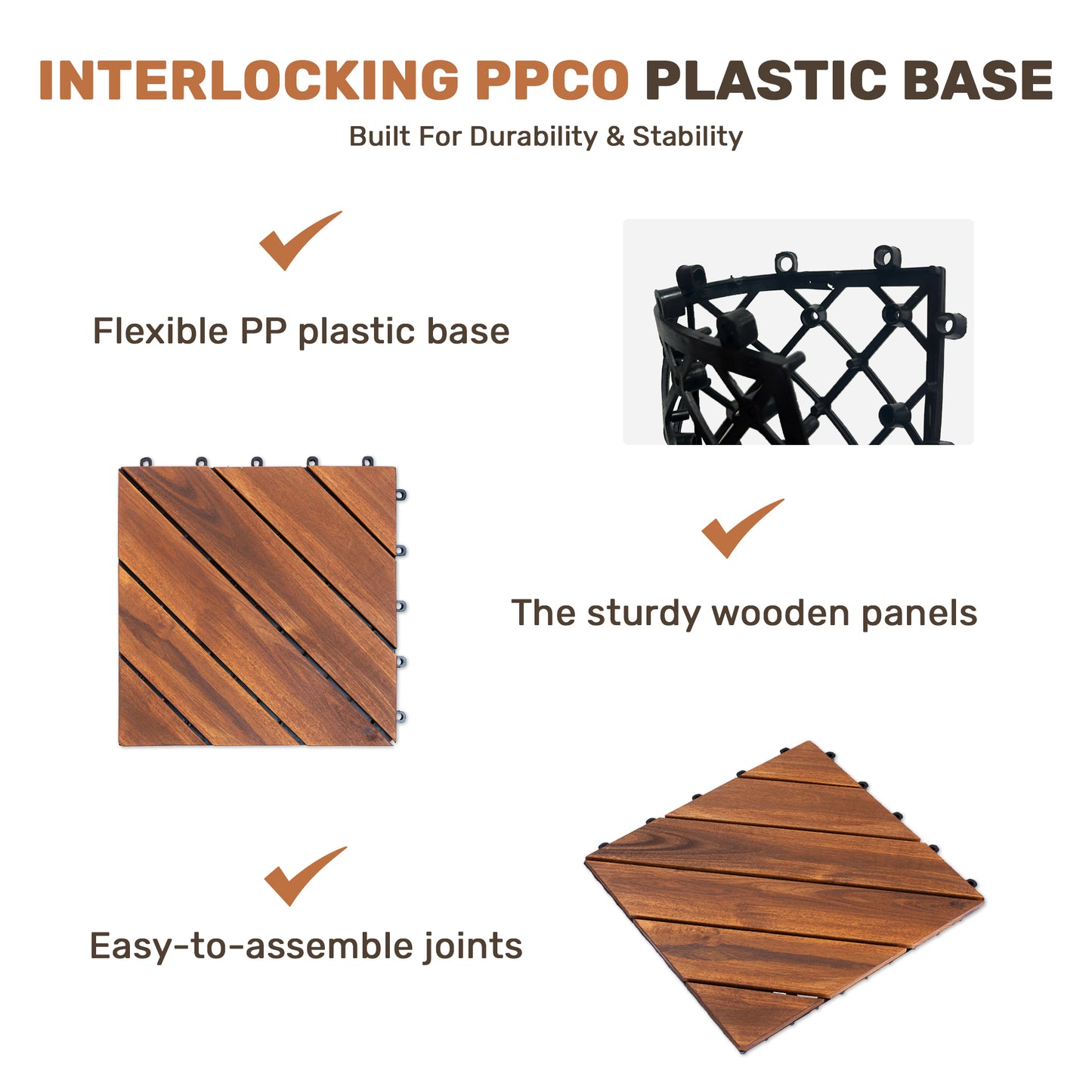 10 PCS Interlocking Deck Tiles Diagonal Pattern, 12  X 12  Acacia Wood Tiles For Patio, Waterproof, All-Weather, Outdoor Decking For Garden, Pool, Balcony,...