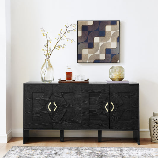 60  Mid Century Modern Sideboard Buffet Cabinet With Storage, TV Media Console, Storage Cabinet With Geometric Pattern & Adjustable Shelves For Kitchen Dining Living Room Entryway Hallway, Black