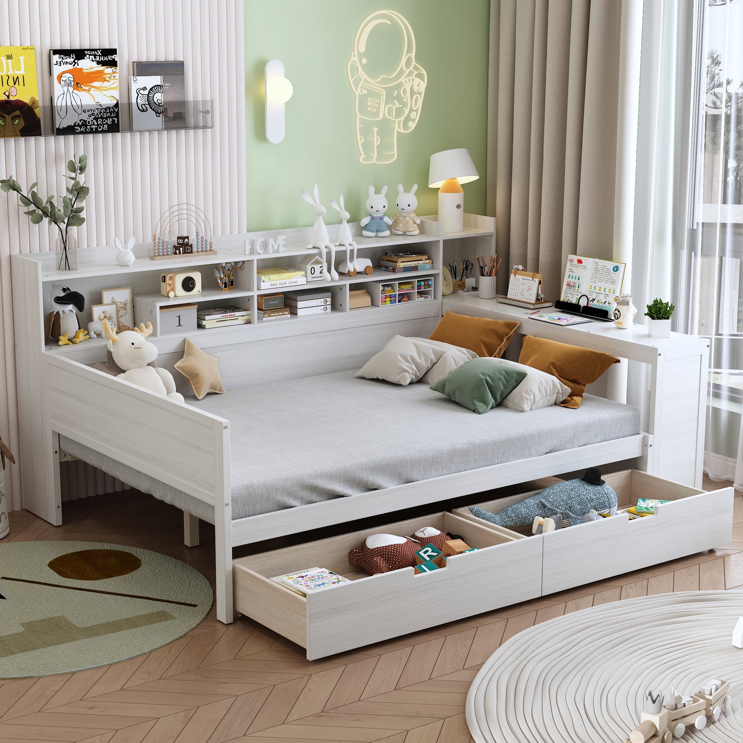 Wooden Full Size Daybed With Storage Shelves, Multi-functional Bed With Two Storage Drawers And  Study Desk, Antique White  Old SKU N733S241486K