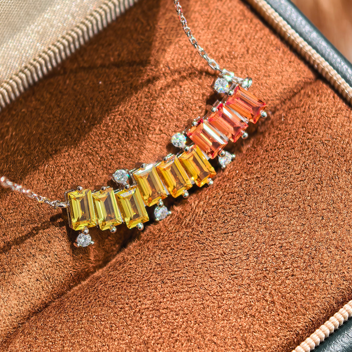 S925 Sterling Silver Rectangle Rainbow Lab-Grown Gemstone Necklace 45cm Platinum Plated With D Color VVS1 Moissanite GRA Certified Gift Box
