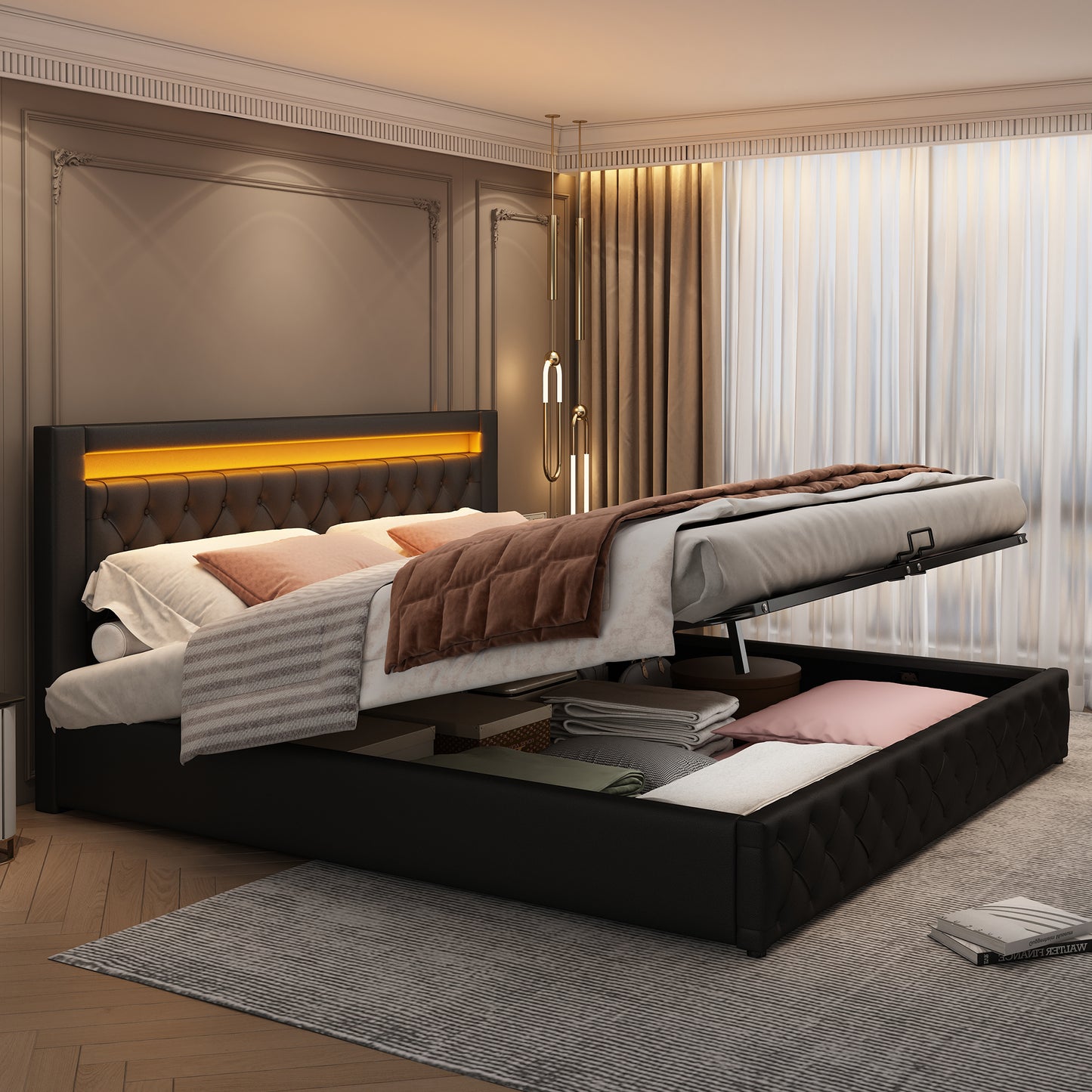 Upholstered Bed, Measuring 140 X 190 Cm, Fully Functional With A Slatted Base And Storage Space, Hydraulic Storage, LED Lighting, Black, PU Material.