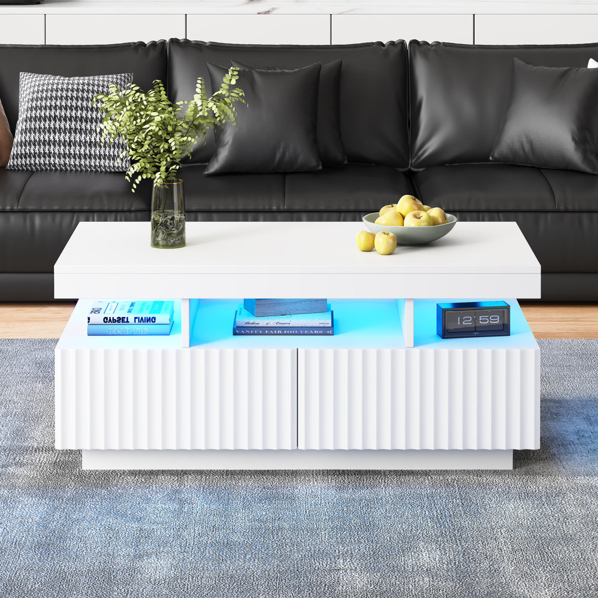 100 X 50 X 45 Cm Large Coffee Table With Two Drawers,Vertical Striped, Vacuum Molded Tea Table, Living Room Table,Coffee Table With LED Light Bar,White