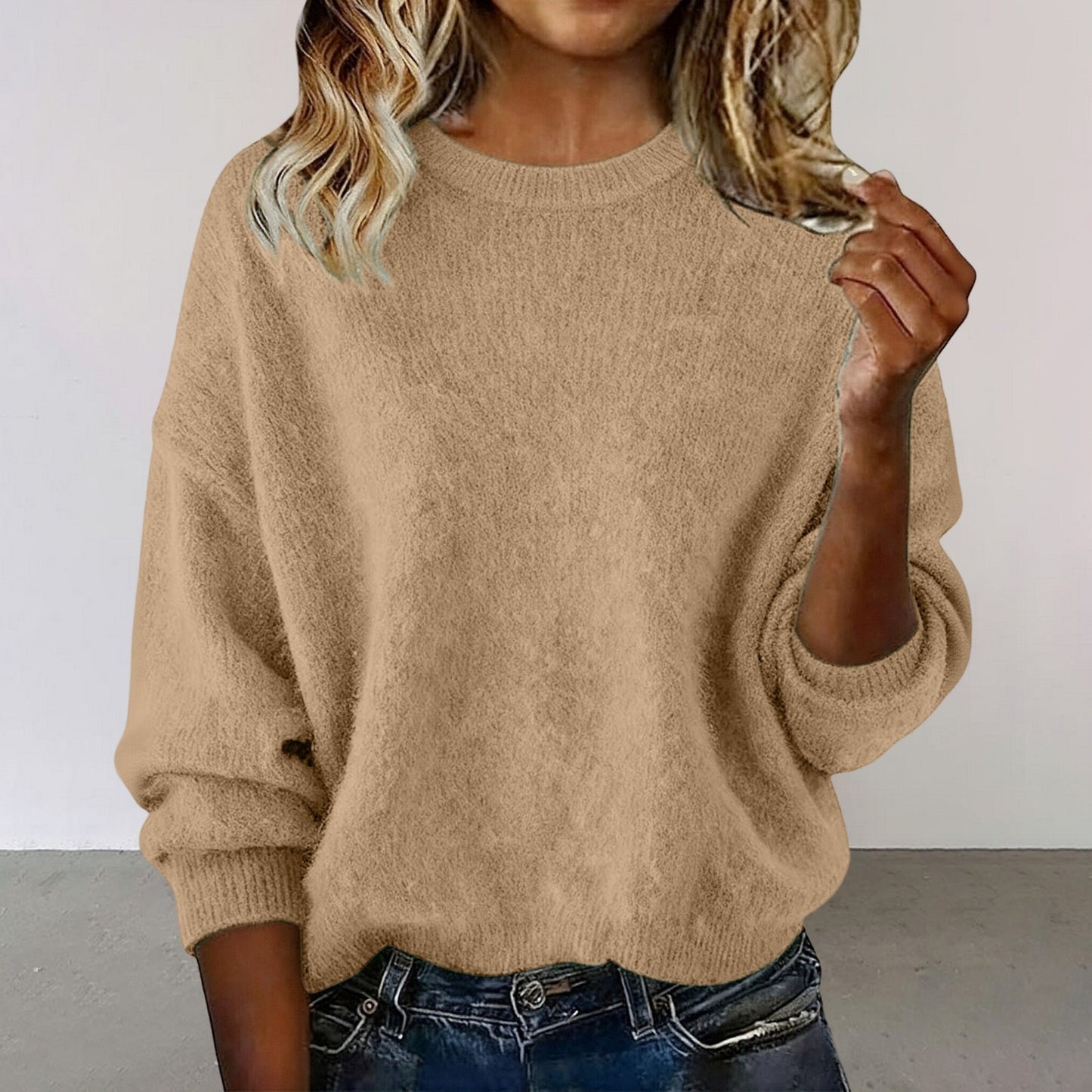 Women's New Arrival Solid Color Crew Neck Sweater, Fashion Loose Casual Knitwear For Autumn