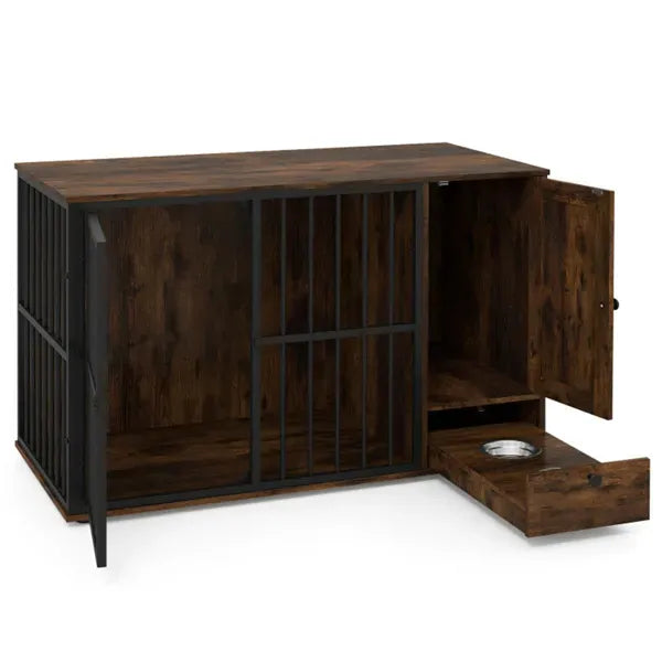 Coffee 2-in-1 Dog Crate End Table With Pull-Out Feeder, Chew-Resistant Metal Tube Pet Furniture For Small & Medium Dogs
