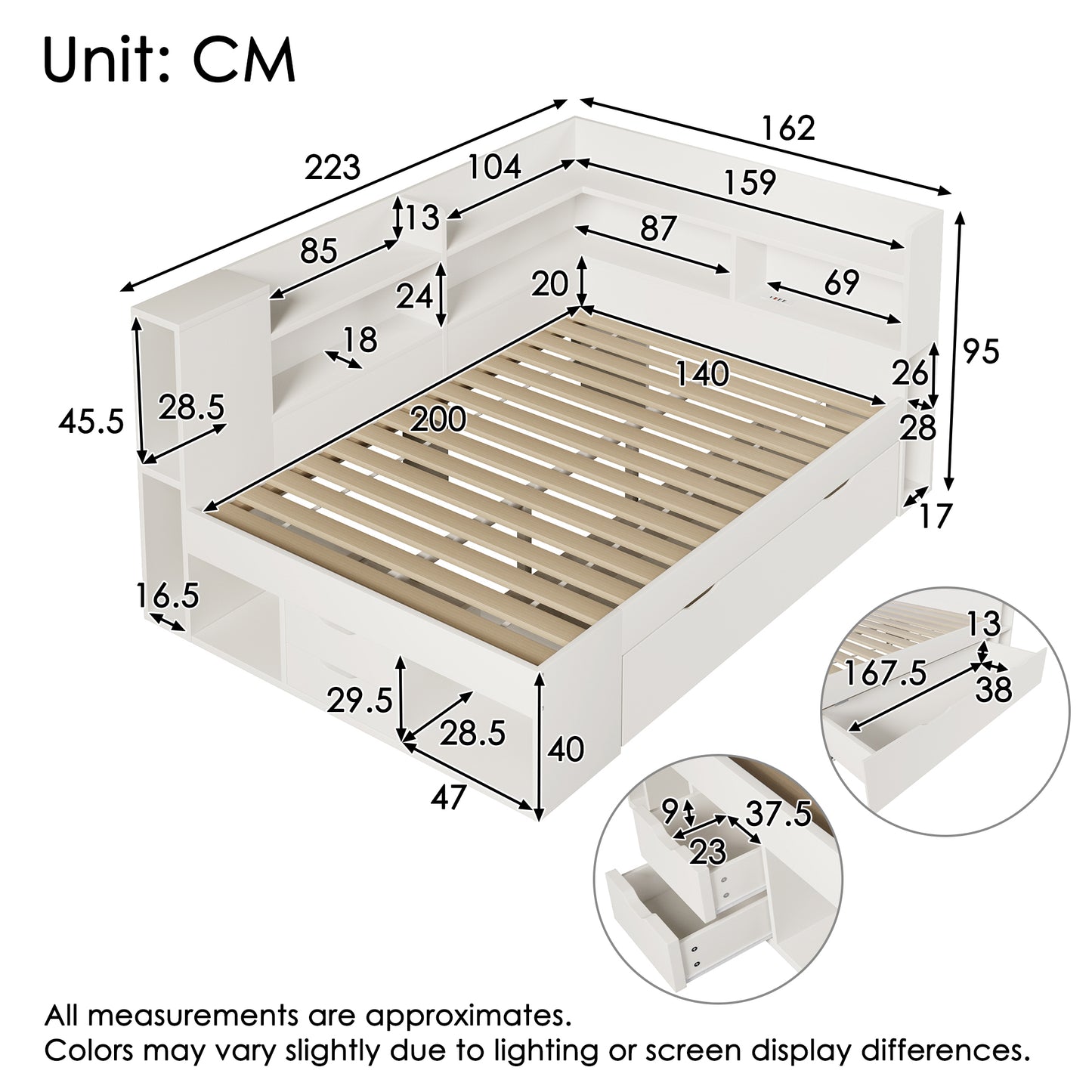 Daybed 140x200 Cm White Functional Bed With LED Lighting Double Bed Made Of Engineered Wood With USB & Type-C Charging Station Storage Space Shelves And Drawers Guest Bed Incl. Slatted Frame  Without