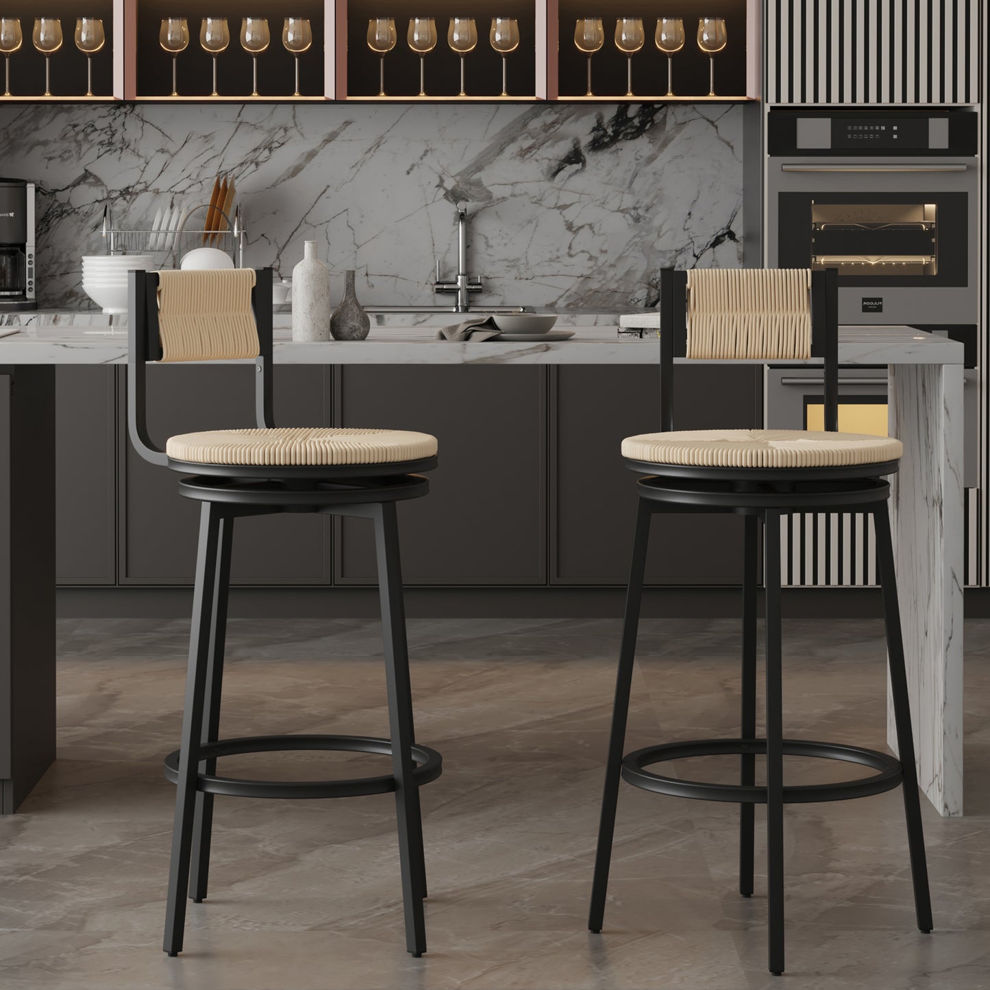 Creamy White Bar Stools Swivel Counter Chairs With Metal Frame Set Of 2 Hand Woven Paper Rope Dining Barstools For Kitchen Counter  Creamy White