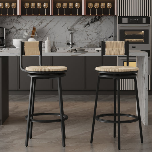 Creamy White Bar Stools Swivel Counter Chairs With Metal Frame Set Of 2 Hand Woven Paper Rope Dining Barstools For Kitchen Counter  Creamy White