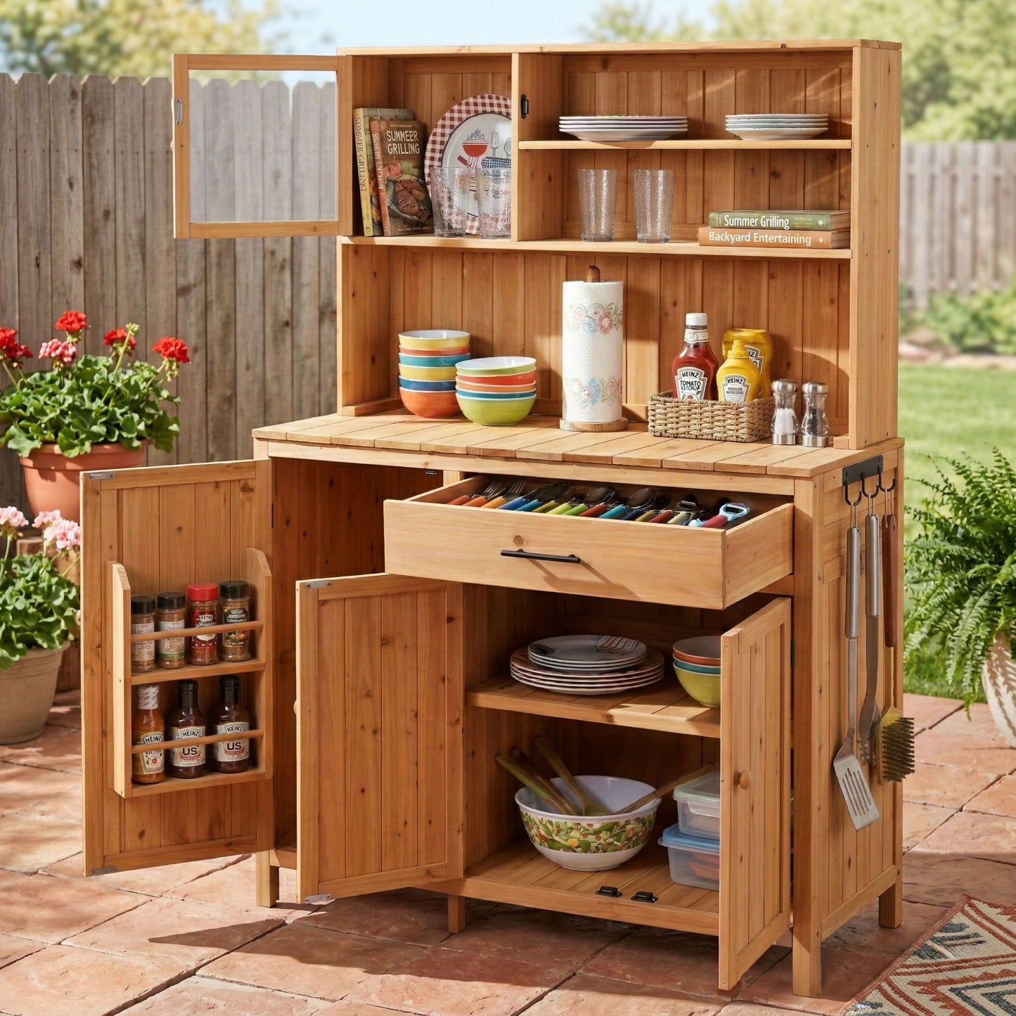 With Assembly Video  TOPAMx Potting Bench With Hutch 65  H Solid Fir Wood Garden Workstation  Large Countertop  Patio Kitchen Island With Adjustable Shelves  Spice Rack  Side Hook And Drawer  Natural
