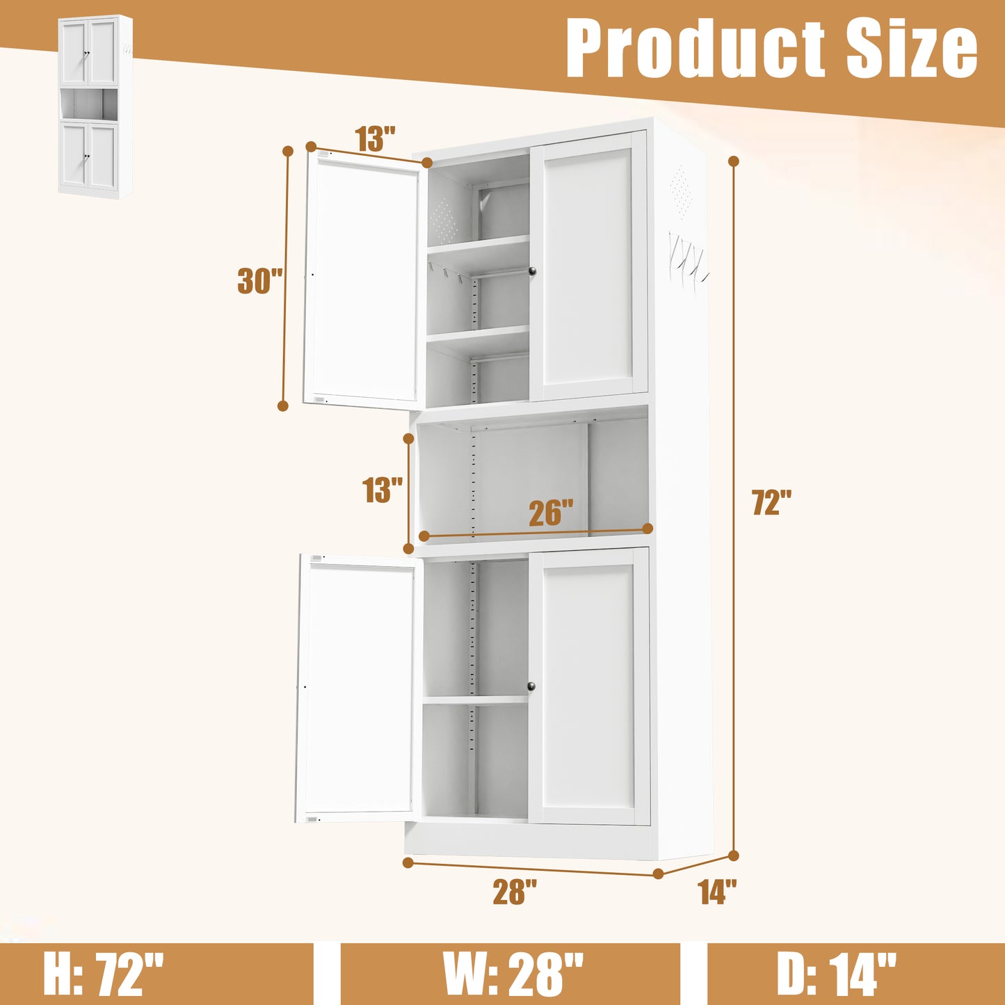 72  High White Steel Kitchen Pantry Storage Cabinet With Large Countertop, Adjustable Shelves And Hooks, Heavy-duty Modern Style Cabinet