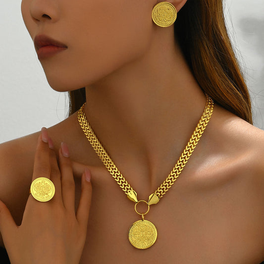 Fashion OL Tree Of Life Round Pendant Jewelry Set, Matching Necklace Earrings With Electroplated 18K Versatile Ring Women Accessories