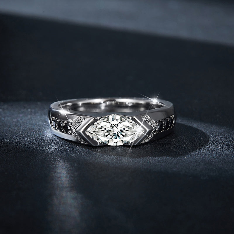 S925 Sterling Silver 1ct Marquise Moissanite Men's Ring, Geometric Silver With Black Accents, Platinum Plated, US Sizes 5-9, GRA Certificate Gift Box