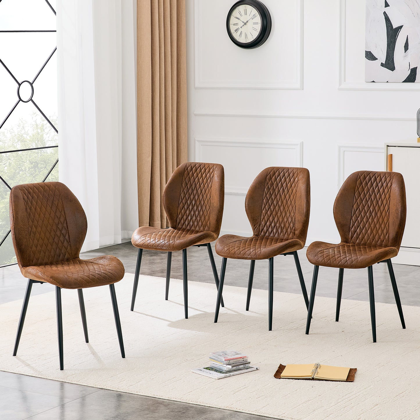 4-piece Set Of Modern Luxury Brown Quilted Technology Fabric Dining Chairs With Black Metal Legs - Suitable For Home Restaurants, Commercial Cafes, And Multiple Scenarios.