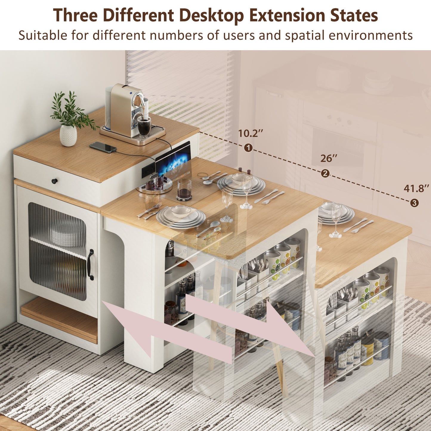 K&K 59.5   Kitchen Island With Extendable Dining Table, Kitchen Storage Table With Double-sided Storage, Kitchen Island With 2 Drawers, Power Outlet, Side Open Shelves, For Kitchen, Dining Room, White