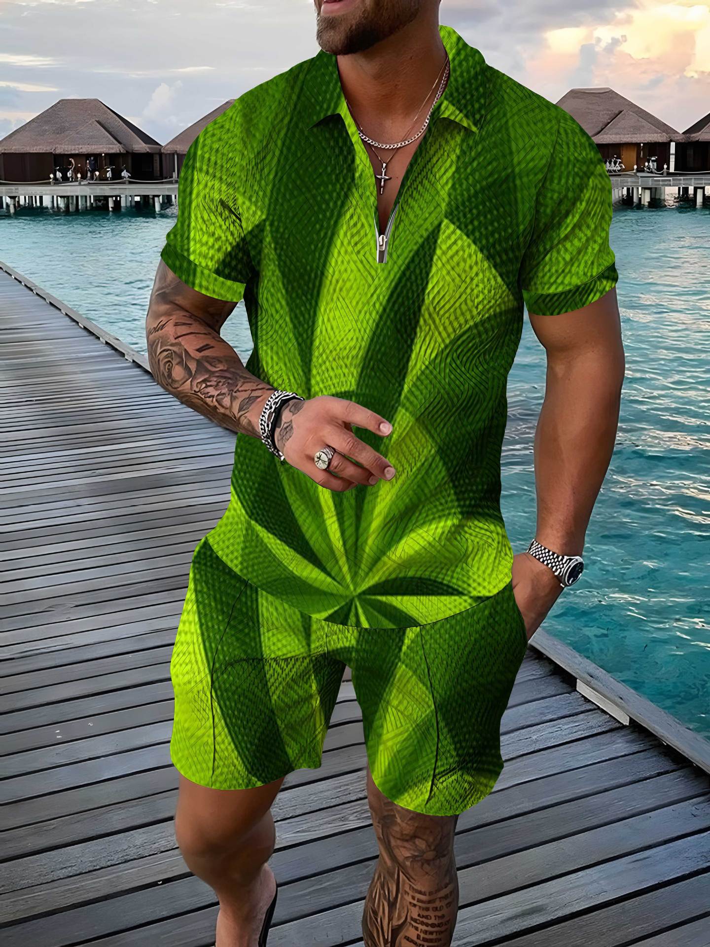 Fashion Zipper Polo Shirt Suit Men's Casual 3D Printed Polo Shirt Shorts