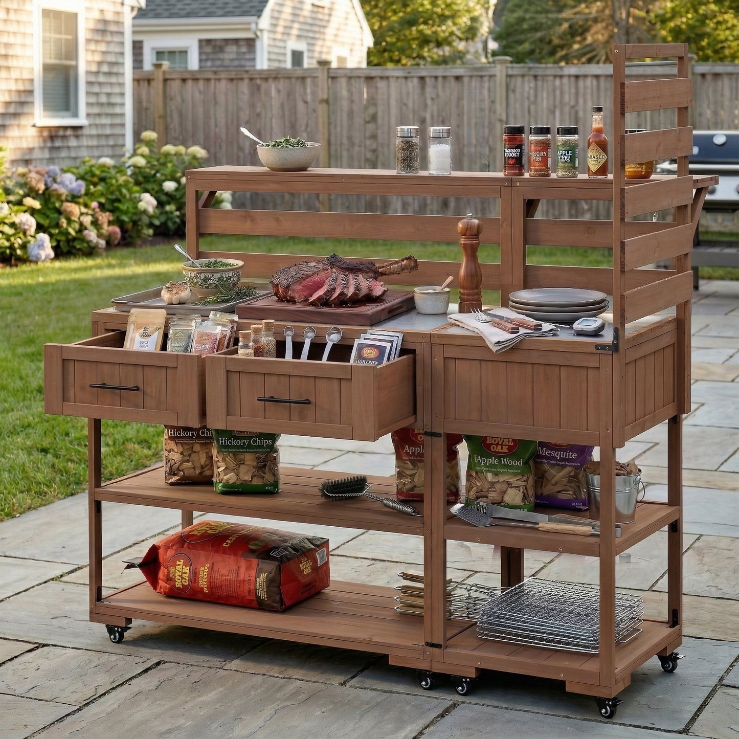 With Assembly Video  TOPMAx 62.3  Patio Kitchen Island Solid Wood Kitchen Cart With Stainless Table Top  Garden Potting Bench With Raised Shelf And Drawers  Grill Prep Table For BBQ  Party  Brown