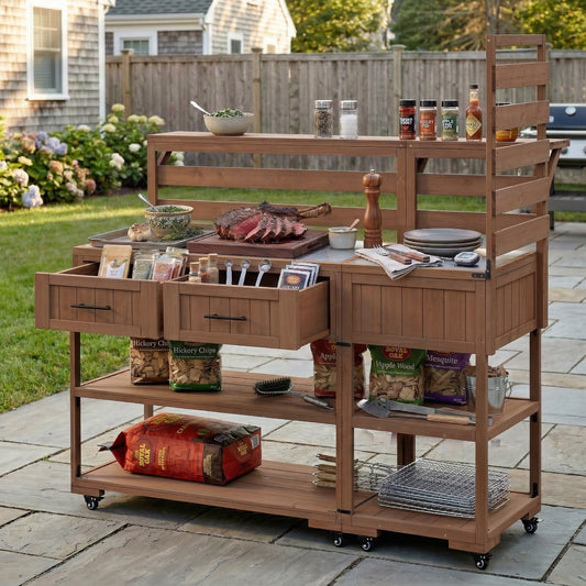 With Assembly Video  TOPMAx 62.3  Patio Kitchen Island Solid Wood Kitchen Cart With Stainless Table Top  Garden Potting Bench With Raised Shelf And Drawers  Grill Prep Table For BBQ  Party  Brown