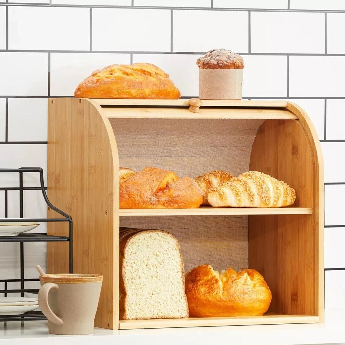 Bread Bin 2 Tiers Double Layer Box Slide Roll Top Food Storage Rack Home Kitchen