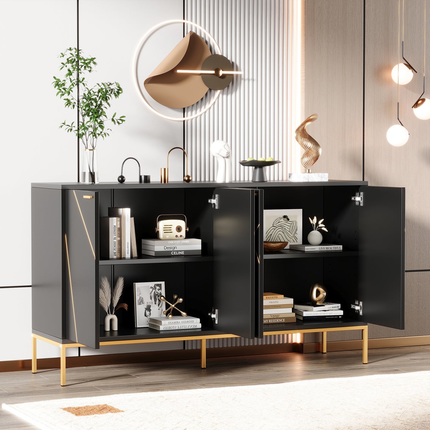 Sideboard With Four Doors, Metal Feet, TV Cabinet, Wardrobe, Linear Design With Metal Line Decor, Black Golden, Dimensions H 80cm  W 150 Cm  D 40 Cm