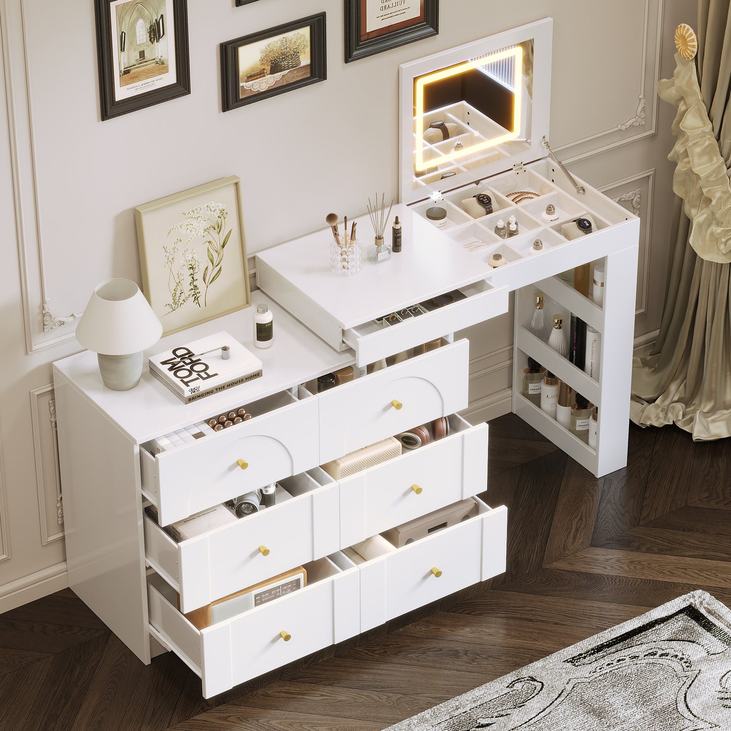 Vanity Desk With Mirror And Lights, Makeup Vanity Table With Flip-Top Tabletop And Storage 7 Drawers, 9 Compartments, 3 Shelves, 3 Color Modes Adjustable Makeup Table For Bedroom,White
