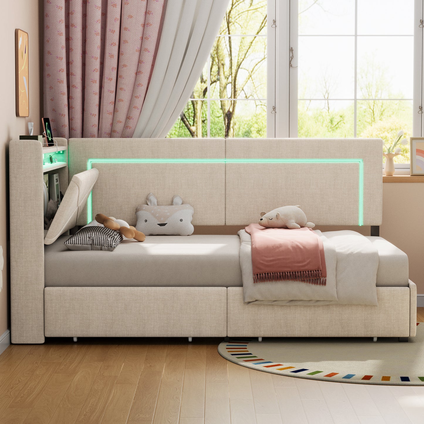 3ft Single Daybed With Two Storage Drawers, LED Concealed Headboard Storage With Charging Station, Modern Linen Sofa Bed For Living Room Bedroom Study Room, 90X190cm, Beige  No Mattress