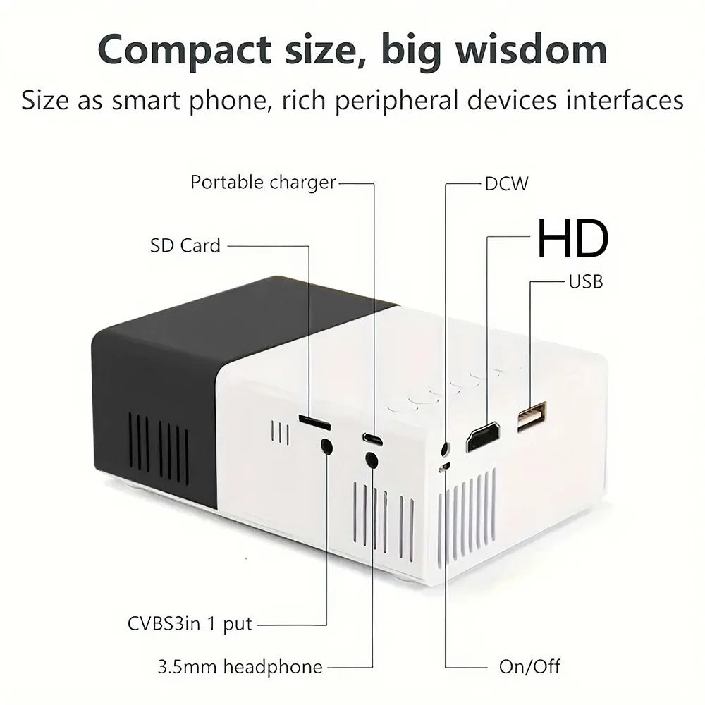 Portable Wired Mobile Phone Projector With Extendable Stand, LED Mini Home Video Device, 1080p HD Screen, USB SD AV HD
