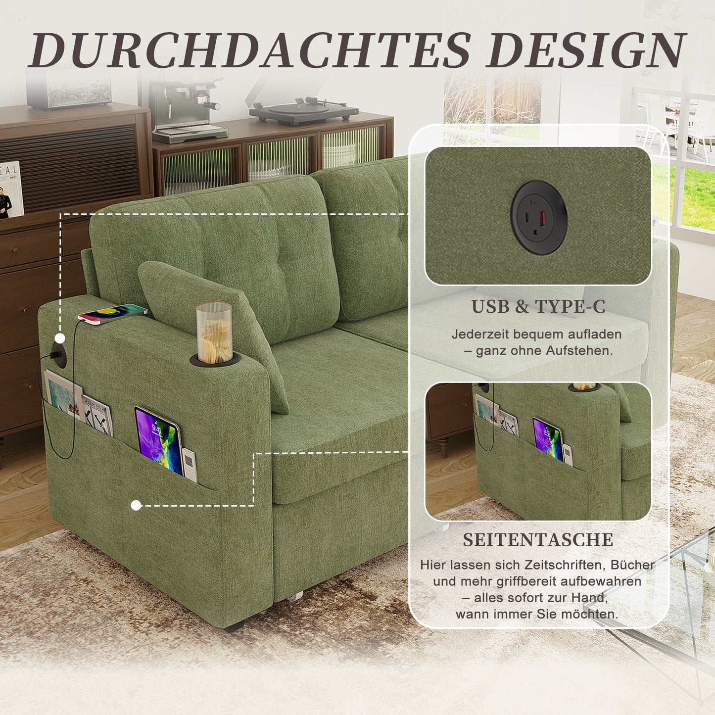 Two-seater Sofa With Two Storage Drawers And USB Charging Ports, With Cup Holders And Side Pockets, Equipped With Hidden Storage Compartments. Suitable For Living Rooms, Apartments And Reading Corners