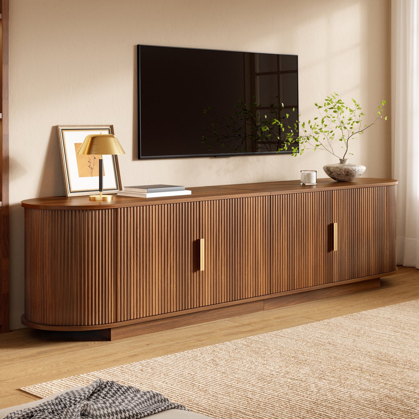 TV Cabinet, Lowboard, Wave Structure, Chipboard MDF Body, Metal Handles, 4 Doors, Spacious Storage Space