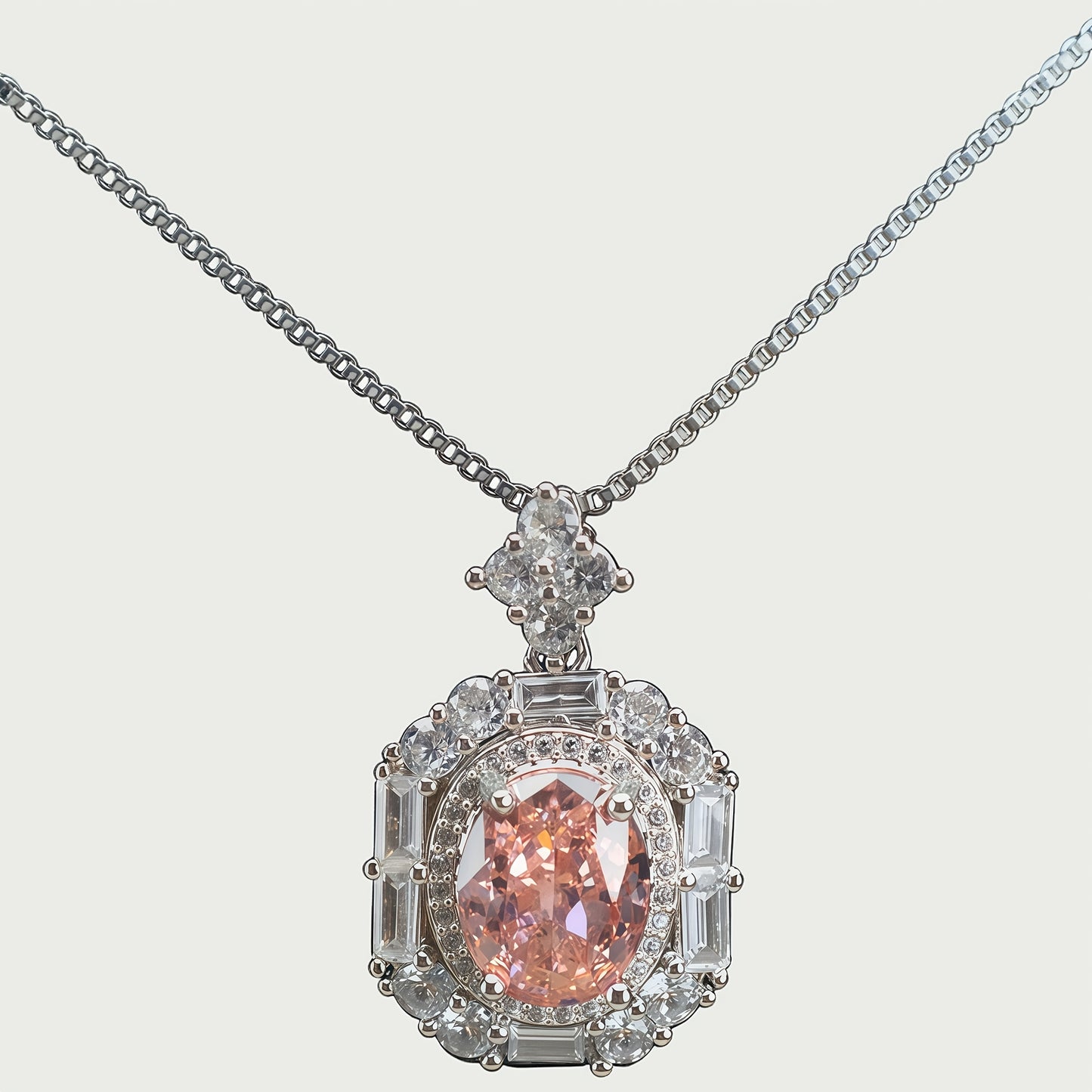 Oval Cut  CZ Multi-Shape Halo Pendant Necklace For Women, Copper Plated Silver Round & Baguette White Cubic Zirconia Vintage Royal Wedding Bridal Statement Jewelry Gift