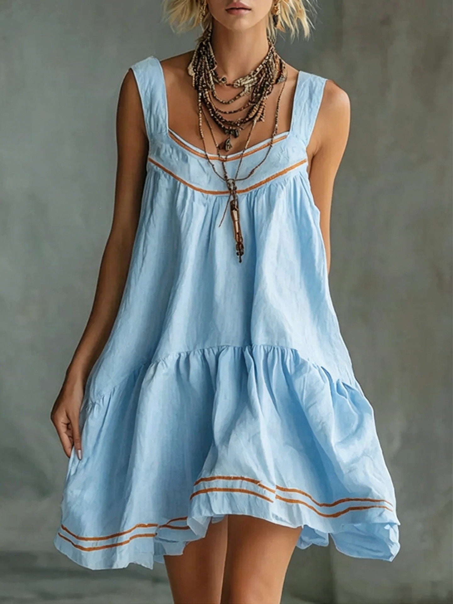 New Retro Casual Chic Embossed Comfortable Solid-color Cotton-linen Mini Slip Dress