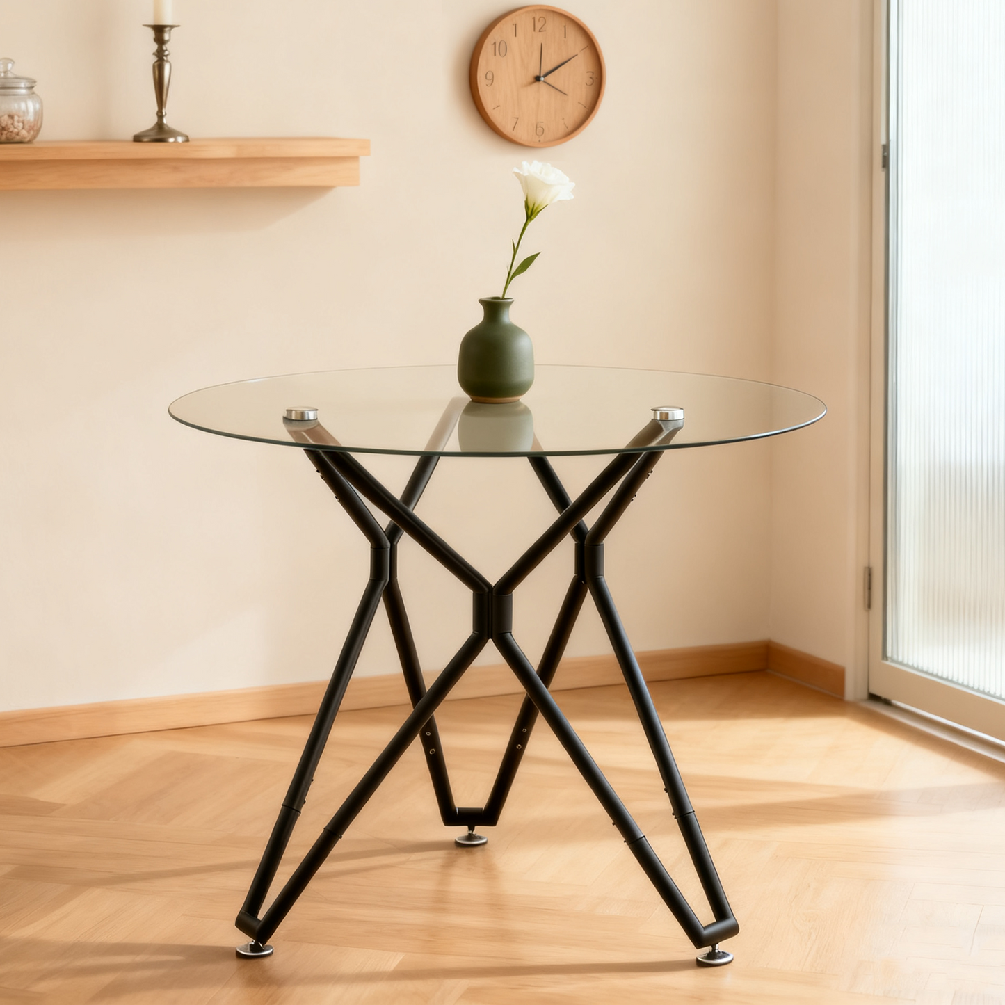 90cm Round Tempered Glass Dining Table, Suitable For 1-4 People, Space-saving Small Kitchen Table, Equipped With Sturdy Metal Legs, Suitable For Dining Room And Living Room, Black