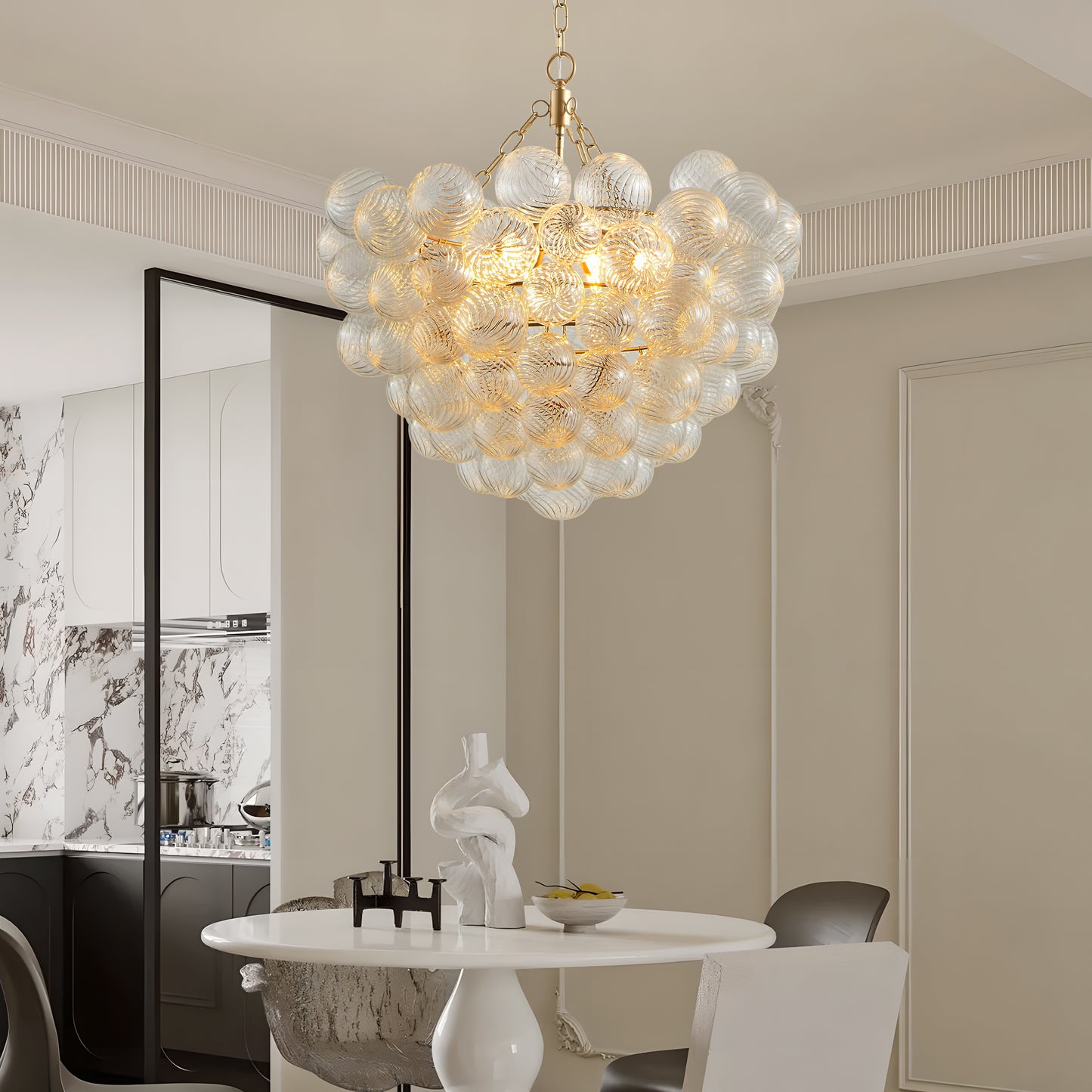 23.6-Inch Gold Pendant Light Chandelier With Threaded Clear Glass Globe Shade - Adjustable Height, Ideal For Living Room, Dining Room, Kitchen  No Bulbs
