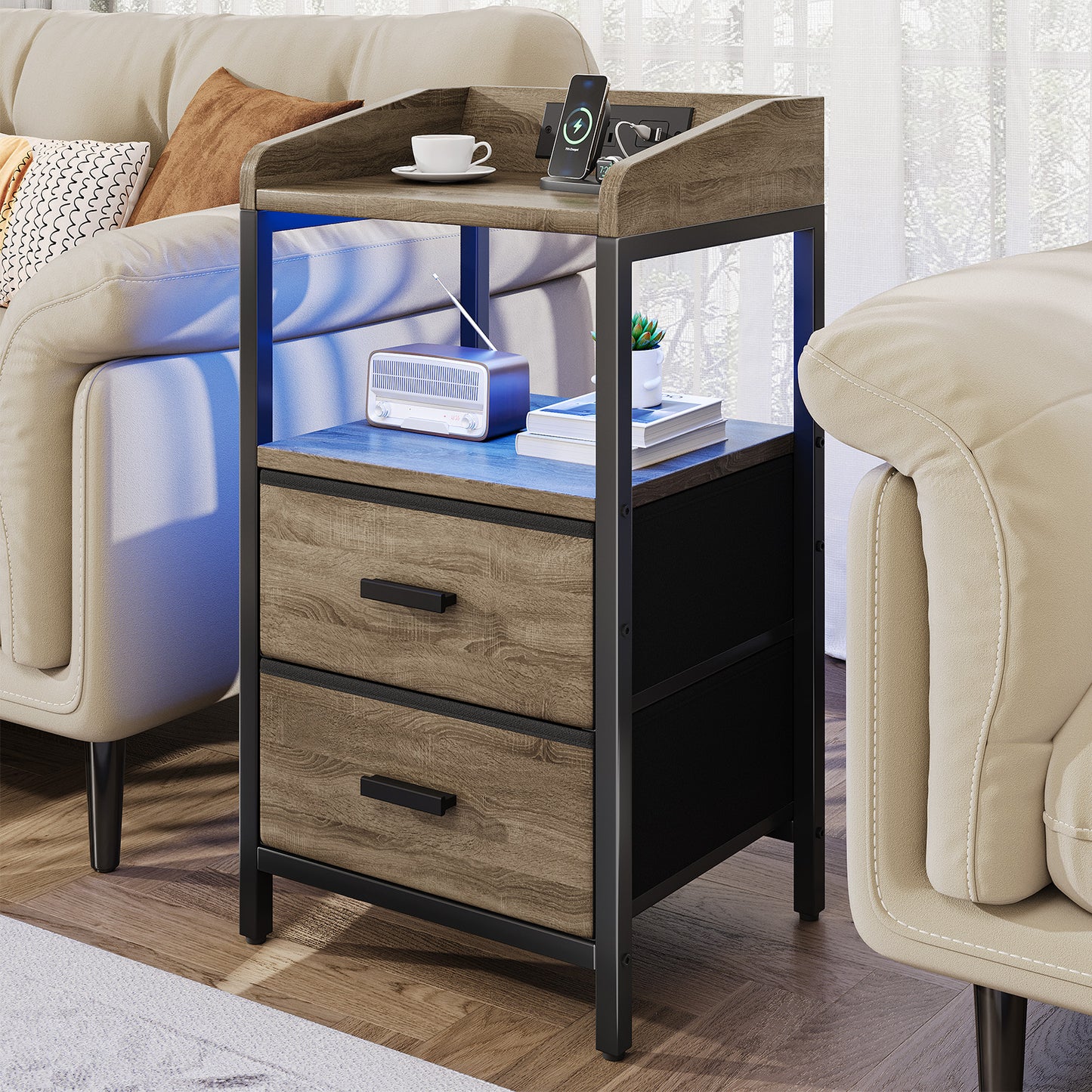 Nightstand With Charging Station Modern Bedside End Side Table With Guardrail Storage Shelf 2 Fabric Drawers USB Ports AC Outlets