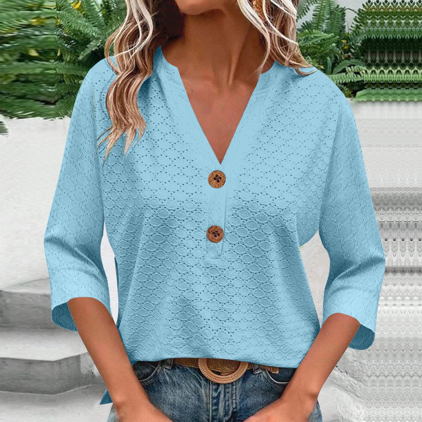 New Womens Fashion Casual Solid-color V-neck Long-sleeve Top With Buttons