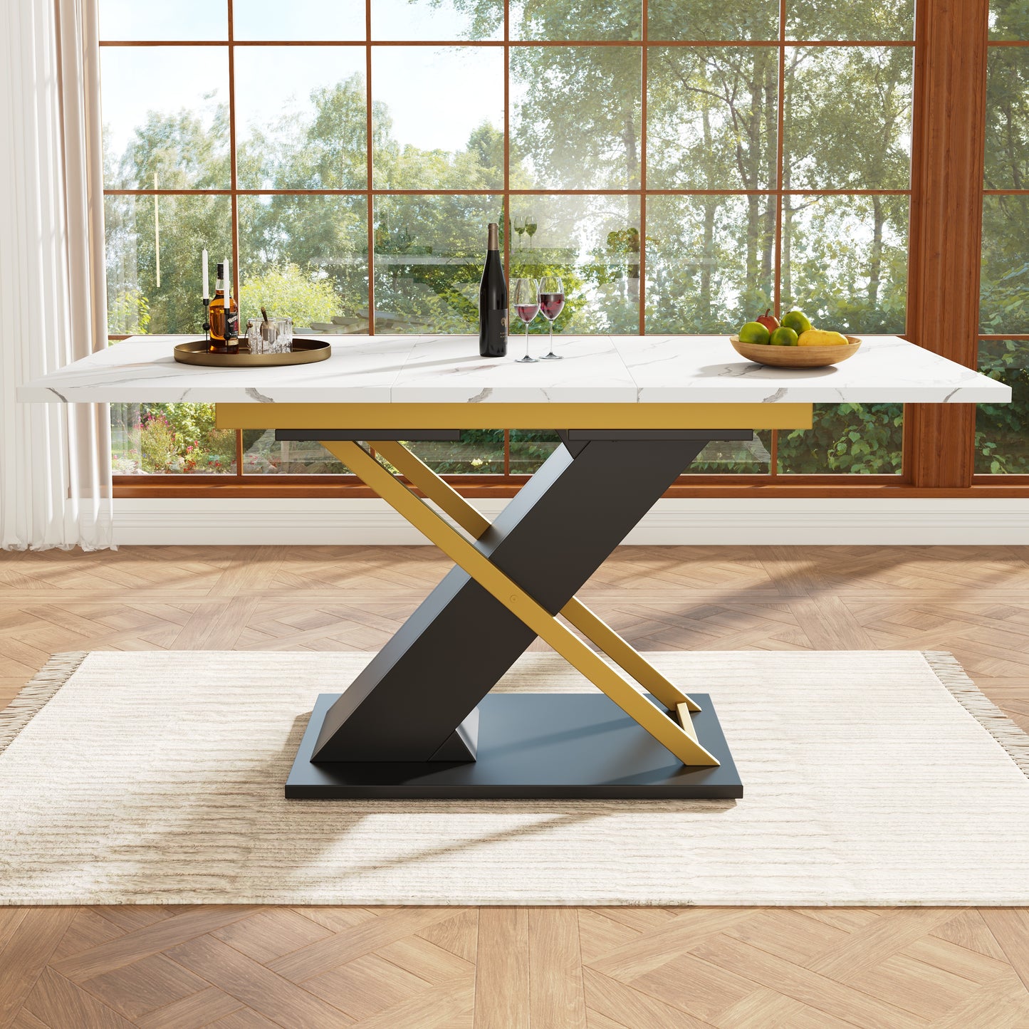 Dining Table Extendable Table  120-160x80cm , Kitchen Living Room Table, Extendable Table, Extendable To 160cm With The Help Of Internal Insertion Plate, Dining Table With Golden Cross Legs