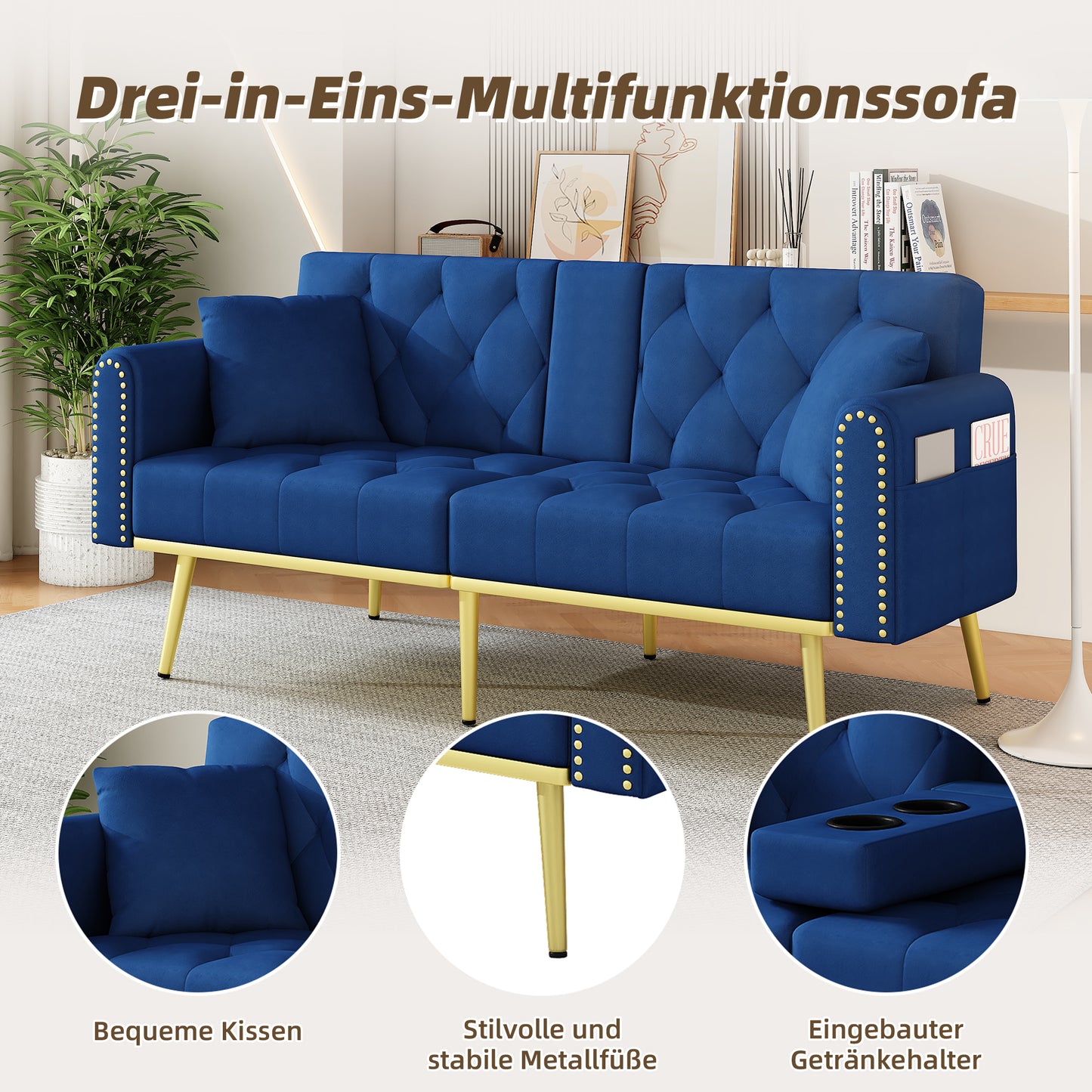 Double Fold Out Sofa Bed With Reclining Function, Three Adjustable Tilt Angles And Cup Holder. Suitable For Living Room, Bedroom, Home Theater Or Guest Room. Fabric Cover,Blue