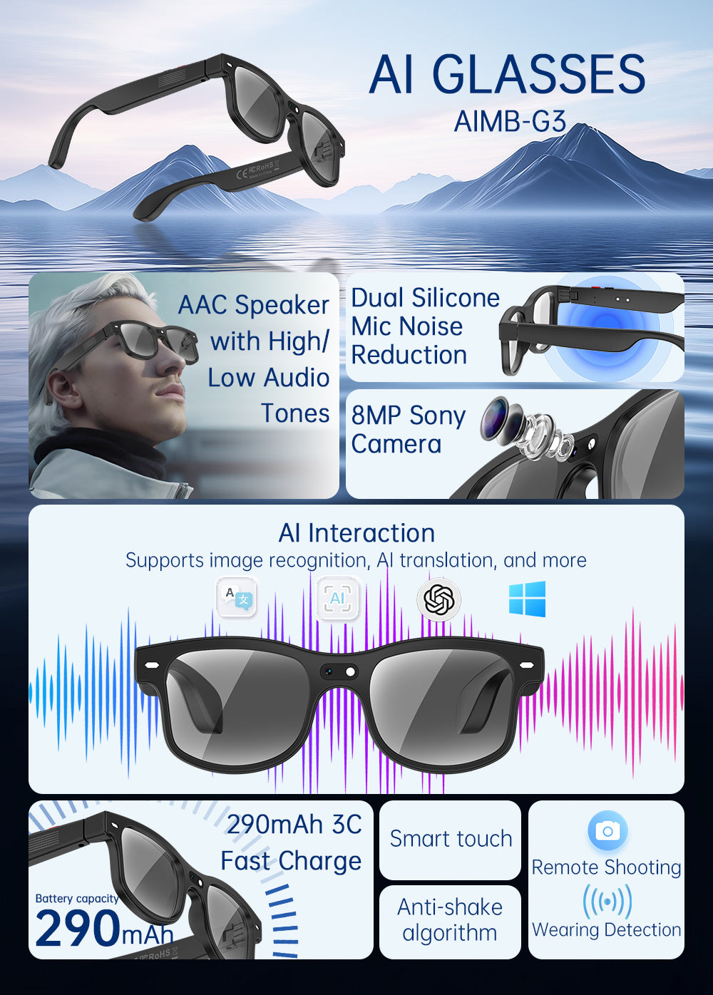 8MP AI Smart Glasses Bluetooth Sunglasses For Music Calling Translation G3