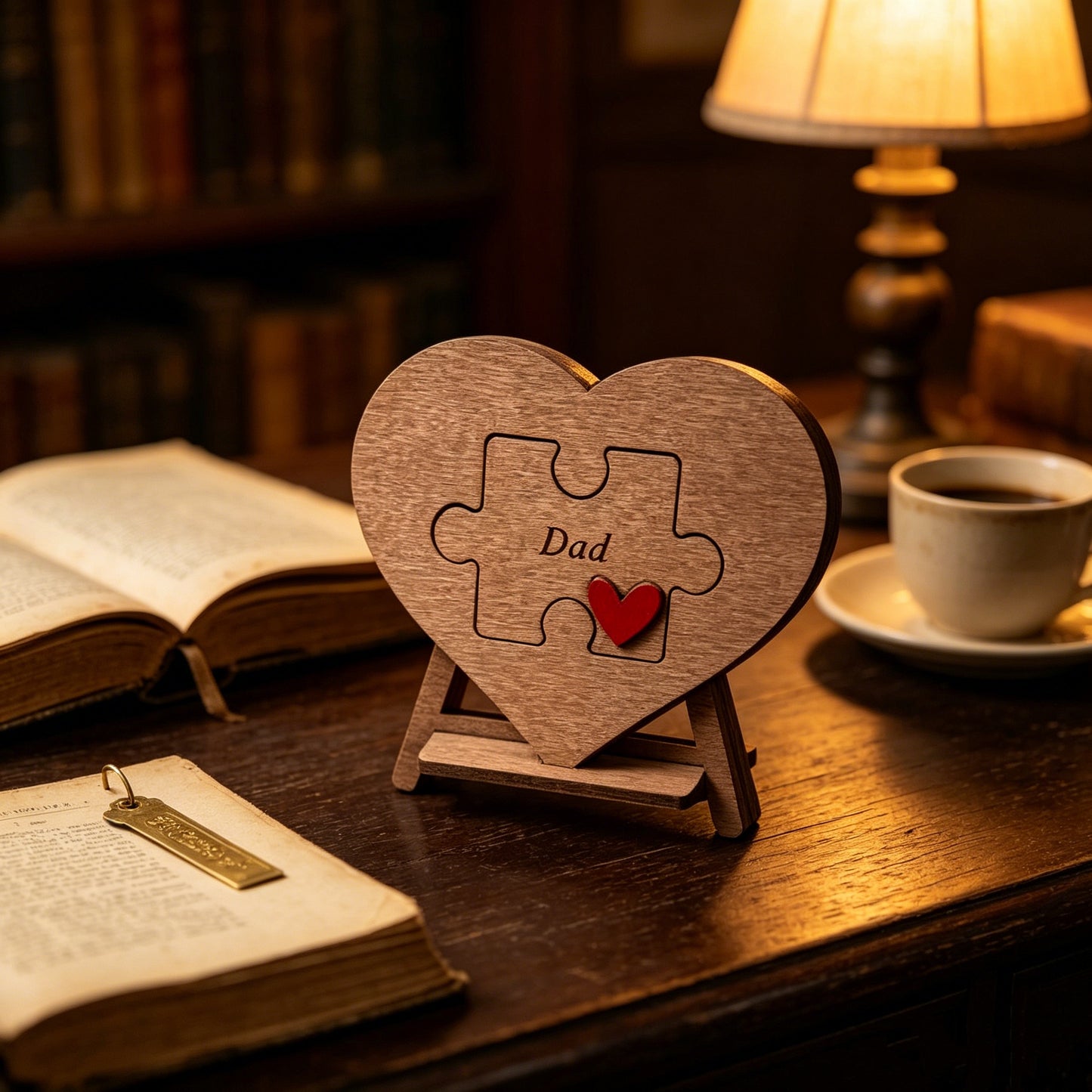Wooden Heart Puzzle Sign For Dad, Father's Day Gift Engraved Wood Heart Puzzle Desk Decor Thank You Dad Keepsake Ornament