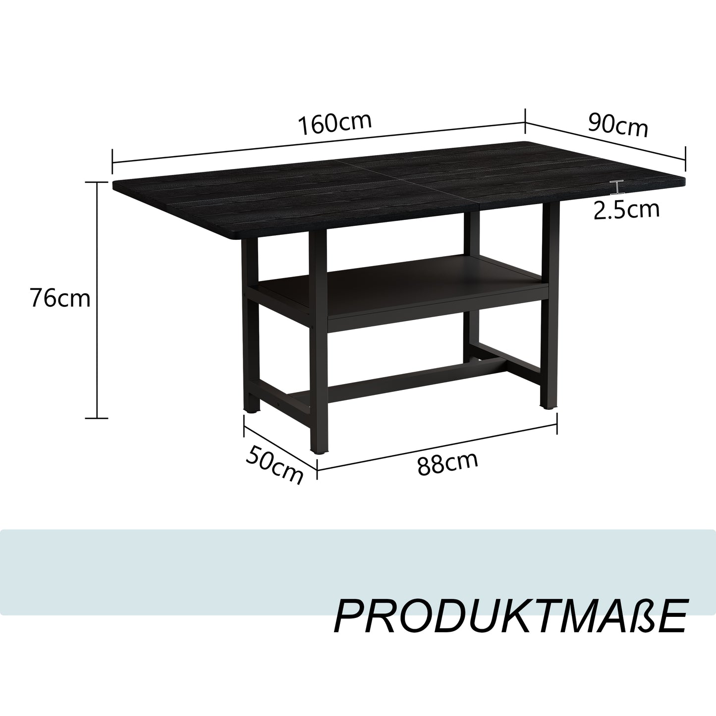 Black Rectangular Dining Table In Industrial Design, 160x90x76 Cm, For 4-6 People, With Multifunctional Storage Shelf, Suitable For Living Room, Kitchen And Dining Area.