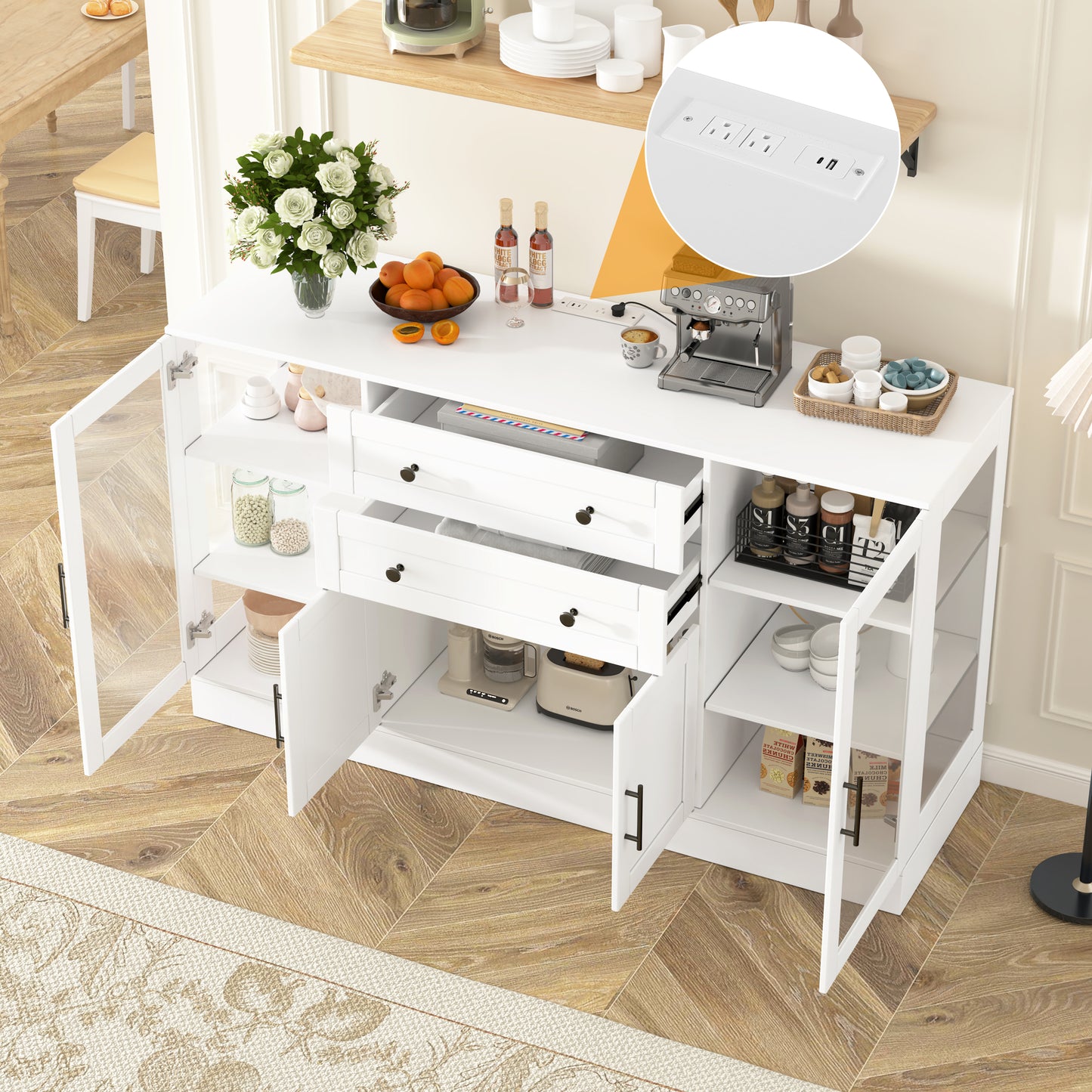 U- Style 58.3  Modern Buffet Sideboard With 4 Doors & 2 Drawers  Adjustable Shelves  Power Outlet  Acrylic Panels  Aluminum Alloy Handles  Storage Cabinet For Dining Room  Living Room And Kitchen