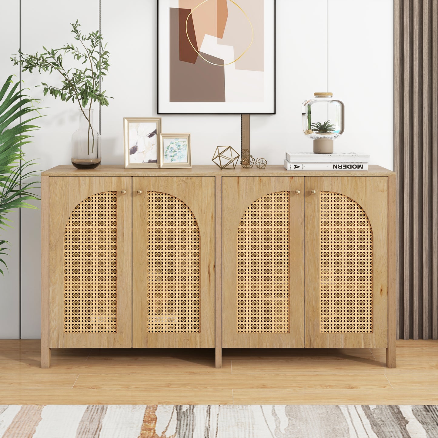 Modern Minimalist Style Sideboard 4 Rattan Door, Metal Handle Simple Buffet Cabinet For Dining Room, Living Room, Kitchen  Natural Wood
