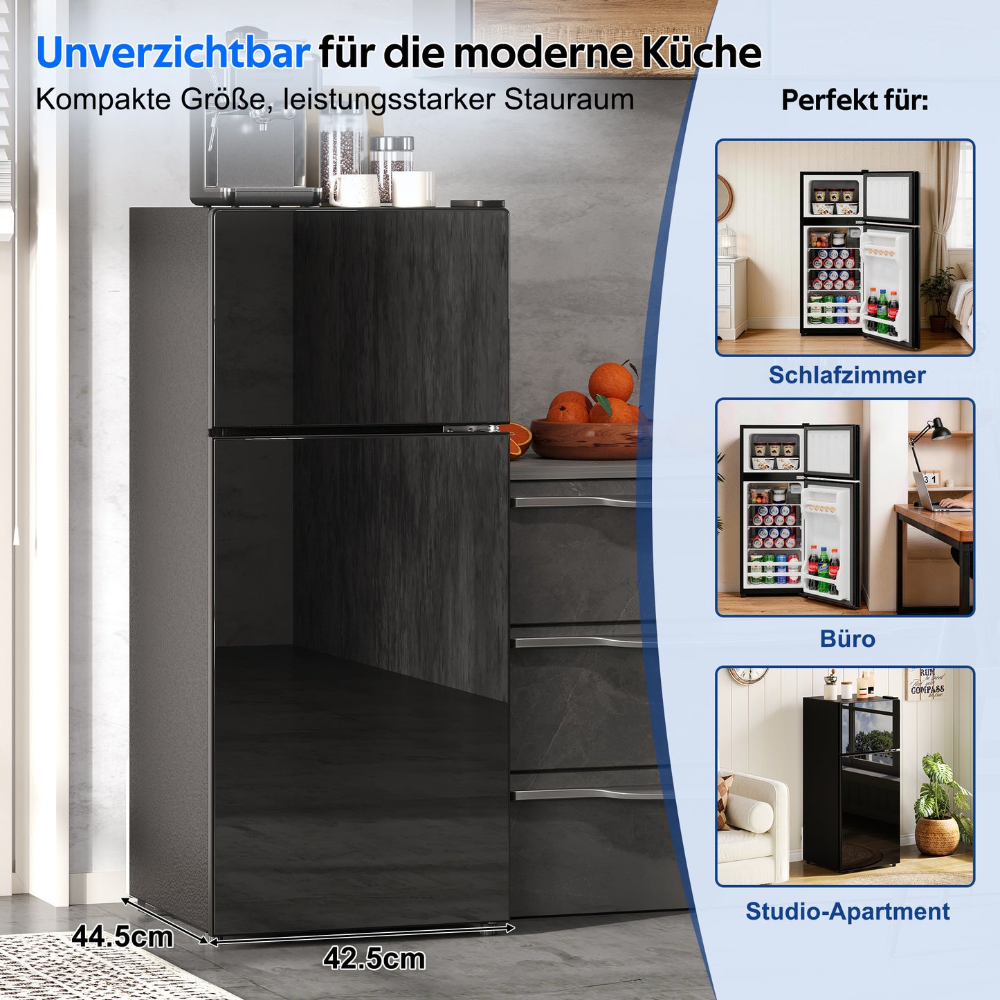 92L Mini Fridge With Freezer  28L Freestanding, Glass Door, LED Lighting, Temperature Control, Low Noise, Removable Glass Shelves, Suitable For Kitchen, Office And Living Room