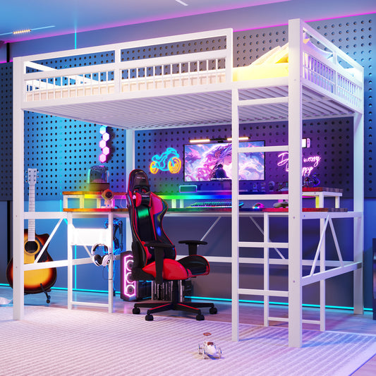 Loft Bed, 140 X 200 Cm, Iron Frame, With Colour-changing LED Light Strip, With Desk, 1 USB Port  1 Type-C Port And 2 Sockets, With Perforated Wall, Without Mattress, White
