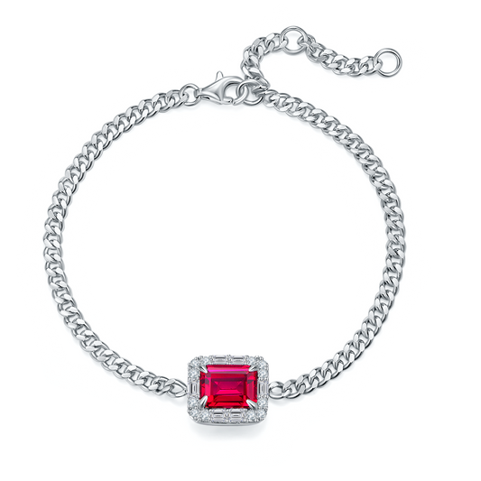 S925 Sterling Silver Lab-Grown Ruby Bracelet, 8x6mm Emerald Cut Halo Adjustable Cuban Chain, Platinum Plated 5.4g Women's Jewelry Gift Box