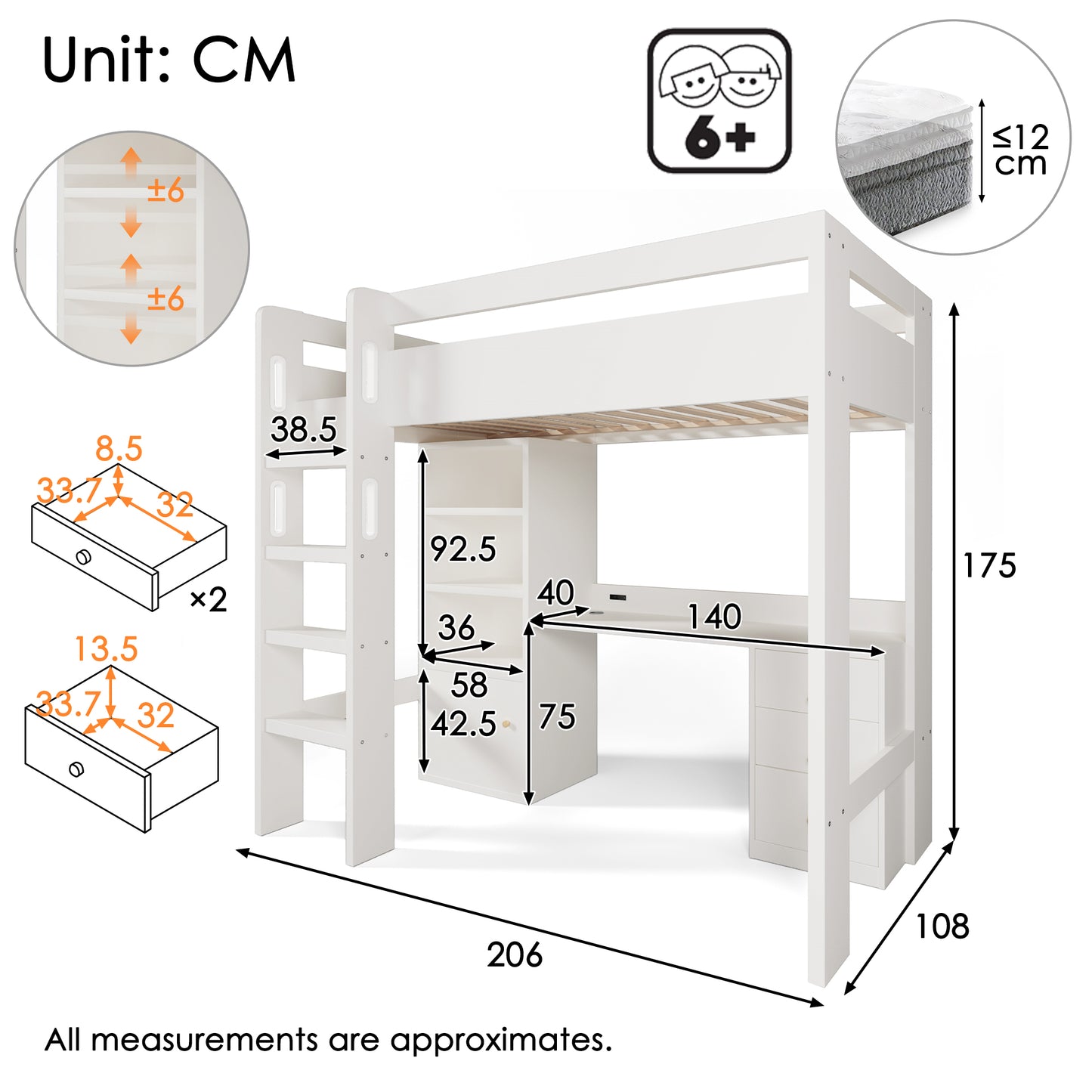 Children's Bed Loft Bed With USB-C Desk, Wardrobe And Filing Cabinet, Youth Bed Single Bed With Stairs And Slatted Base, Storage Space,90x200, Without Mattress